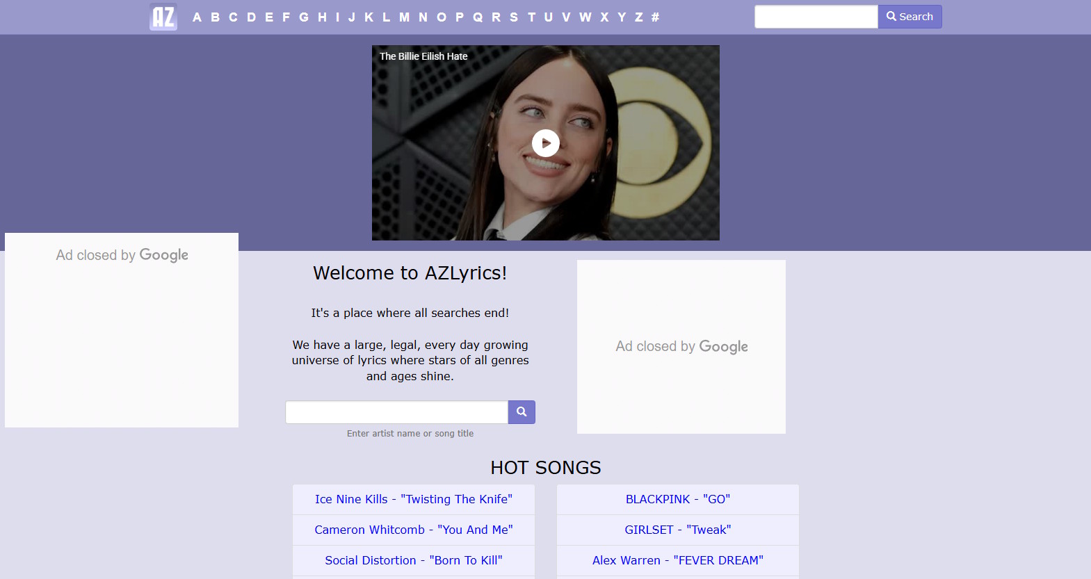 AZLyrics screenshot